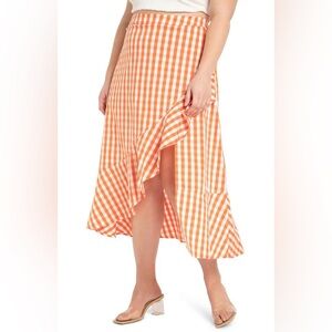 EUC Eloquii Asymmetrical Orange And White Gingham Ruffle Skirt Cottagecore